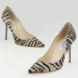 Jimmy Choo Cameroon Linen Zebra Pointed Toe Iridescent Blue Heels 38 US 8
